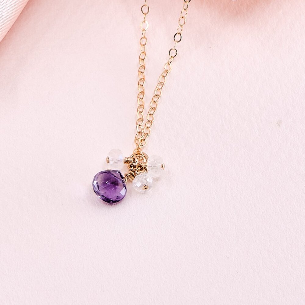 Amethyst Necklace w/White Topaz Gemstone Cluster, 14K Gold Filled Dainty Pendant